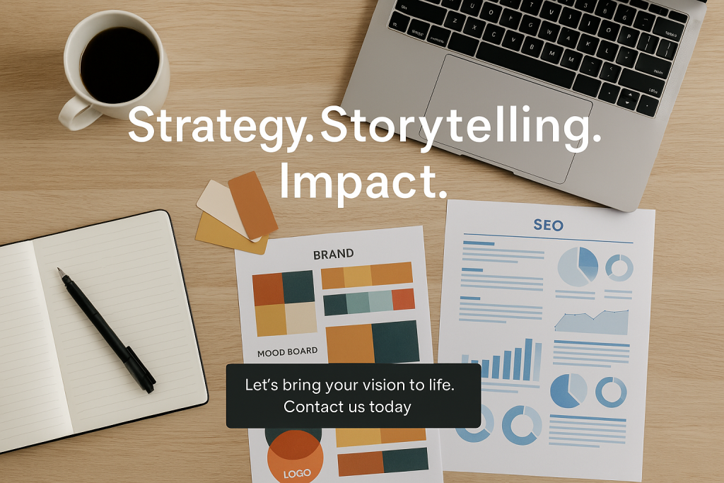 Creative workspace with laptop, notebook, and coffee, representing productivity and digital marketing.